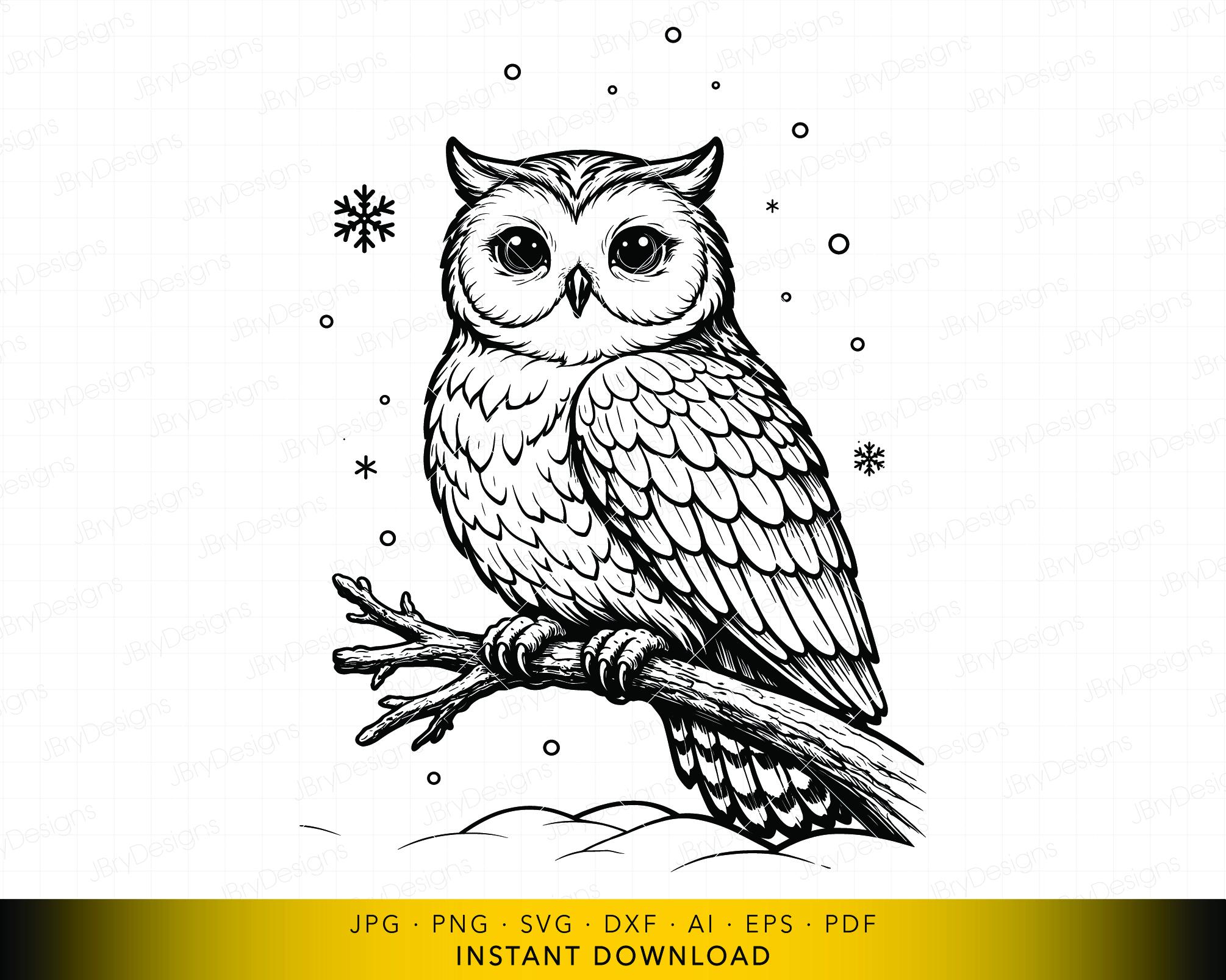 Owl SVG, Perched Owl on Branch Design, Wildlife Art, Winter Nature Decor Printable, Vector File fo C