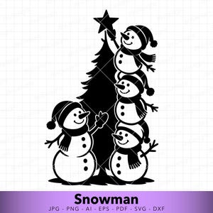 May include: A black and white illustration of a snowman family decorating a Christmas tree. The image features four snowmen, each with a hat, scarf, and button details. One snowman is placing a star on top of the tree. The word "Snowman" is at the bottom.