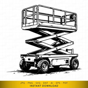 Może przedstawiać: Czarno-biała ilustracja podnośnika nożycowego. Podnośnik ma platformę z barierkami ochronnymi, mechanizm nożycowy i koła. Obraz zawiera tekst "JPG • PNG • SVG • DXF • AI • EPS • PDF NATYCHMIASTOWE POBIERANIE".
