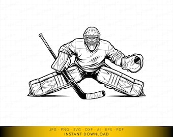 Archivo SVG de portero de hockey sobre hielo, portero en posición de atajo, diseño de deportes defensivos para Cricut y grabado láser.