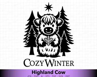 Highland Cow Christmas SVG | Cozy Winter Cow Cut File | Cute Snowflake Cow for Cricut, Glowforge & Laser Crafts