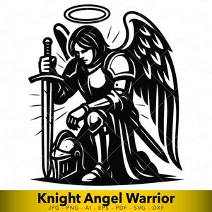 May include: Black and white illustration of a kneeling knight angel with a halo, holding a sword. The knight is wearing armor and has large wings. The text "Knight Angel Warrior" is at the bottom.