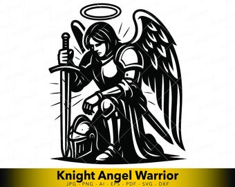 Angel Warrior SVG Kneeling With Sword, Guardian Angel Vector for Laser Cut, CNC Plasma, Gothic Fantasy Line Art File