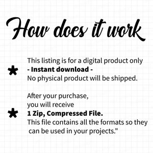 以下が含まれることがあります： グリッドパターンと筆記体の「How does it work」というテキストが入った白い背景。テキストは、デジタル製品がインスタントダウンロードであり、購入者はすべての形式を含む圧縮ファイルを受け取ることを説明しています。