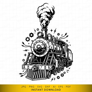 May include: Black and white illustration of a vintage steam train, emitting a large cloud of smoke. The train features detailed mechanical elements, including wheels, a smokestack, and a front grill. Surrounding the train are stylized lightning bolts, gears, and stars.
