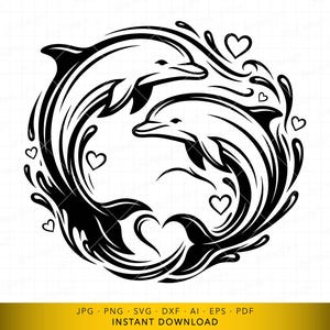 May include: Black and white graphic of two dolphins swimming in a circle, with water splashes and hearts. The dolphins are facing each other, creating a heart shape with their bodies. The image includes the text "JPG PNG SVG DXF AI EPS PDF INSTANT DOWNLOAD".