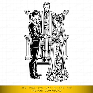 May include: Black and white illustration of a wedding ceremony. A couple holds hands in front of a religious figure. The bride wears a long gown and veil. The groom is in a suit. The image includes the text "INSTANT DOWNLOAD".