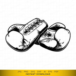 May include: Black and white illustration of two boxing gloves. The gloves are laced up and appear to be made of leather. The image is a vector graphic, suitable for digital use or print.
