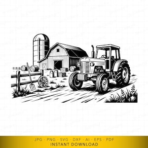 Tractor agrícola SVG, archivo de corte de escena de granja rústica con granero y silo, vector agrícola para Cricut y grabado láser