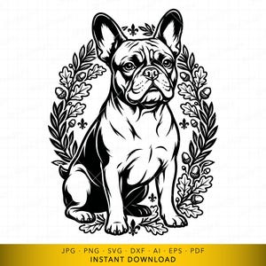 Puede incluir: Ilustración en blanco y negro de un bulldog francés sentado dentro de una corona ovalada de hojas, bellotas y flor de lis. El perro tiene una expresión seria. Descarga digital.