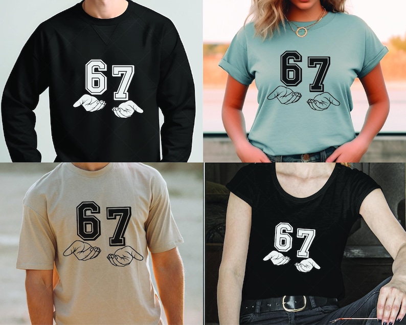 May include: Four different t-shirts and a sweatshirt are displayed. Each garment features the number "67" in a bold, outlined font above a graphic of two open hands. The shirts are in black, light blue, tan, and black.