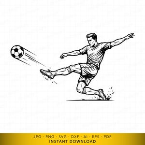 May include: Black and white illustration of a soccer player kicking a soccer ball. The player is in mid-air, with one leg extended to kick the ball. The ball has motion lines. The image is a digital download.