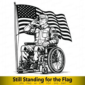 Könnte beinhalten: Schwarz-Weiß-Illustration einer Person in Militäruniform, die die amerikanische Flagge salutiert, während sie in einem Rollstuhl sitzt. Die Flagge weht im Hintergrund. Der Text "Still Standing for the Flag" steht unten.