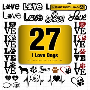Love Dog svg, Heartbeat svg, Dog Silhouette, Dog svg, Love svg, Dog pegada svg, arquivo vetorial para corte e gravação