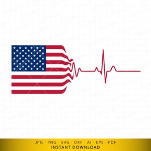 May include: A graphic illustration featuring the United States flag on the left side, with the red and white stripes transitioning into a red EKG heartbeat line that extends horizontally to the right against a plain white background.