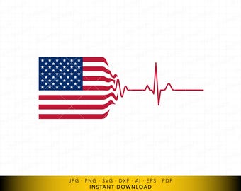 SVG de latido cardíaco con la bandera estadounidense, archivo de corte digital de línea ECG con la bandera de EE. UU., archivo vectorial de diseño médico patriótico para Cricut y grabado láser.