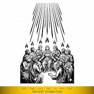 Könnte beinhalten: Schwarz-Weiß-Illustration einer religiösen Szene. Eine Gruppe von Figuren versammelt sich, mit Flammen darüber und Lichtstrahlen, die von oben herabsteigen. Der Text "JPG PNG SVG DXF AI EPS PDF SOFORTIGER DOWNLOAD" ist enthalten.