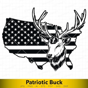 May include: Black and white graphic of a buck with large antlers, superimposed on a map of the United States with the American flag design. The text "Patriotic Buck" is at the bottom.