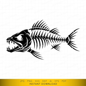 Può includere: Illustrazione in bianco e nero di uno scheletro di pesce con denti affilati e pinne. L'immagine mostra una vista laterale del pesce, con la colonna vertebrale e le costole chiaramente visibili. Il pesce ha un'espressione aggressiva.