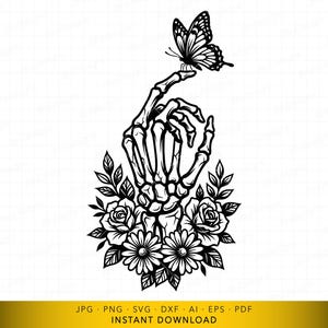 Skeleton Hand with Butterfly SVG, Gothic Floral Tattoo Design, Dark Alternative Art Cut File for Cricut and Laser Engraving