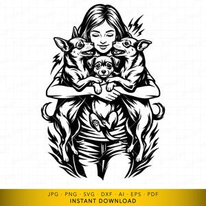Chihuahua Mom SVG, Dog Mom SVG, Woman Hugging Three Small Dogs Cut File, Pet Lover Gift Design, Vector File for Cutting and Engraving