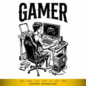 May include: Black and white illustration of a gamer at a desk. The word "GAMER" is above the figure. The gamer is seated in a gaming chair, using a computer with a controller graphic on the screen. A pizza box and headphones are also on the desk.