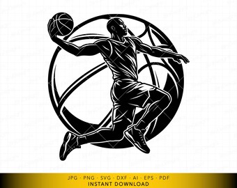 Basketball Dunk SVG, Slam Dunk Player Silhouette Cut File, Dynamic Athletic Jump Design for Cricut and Laser Engraving