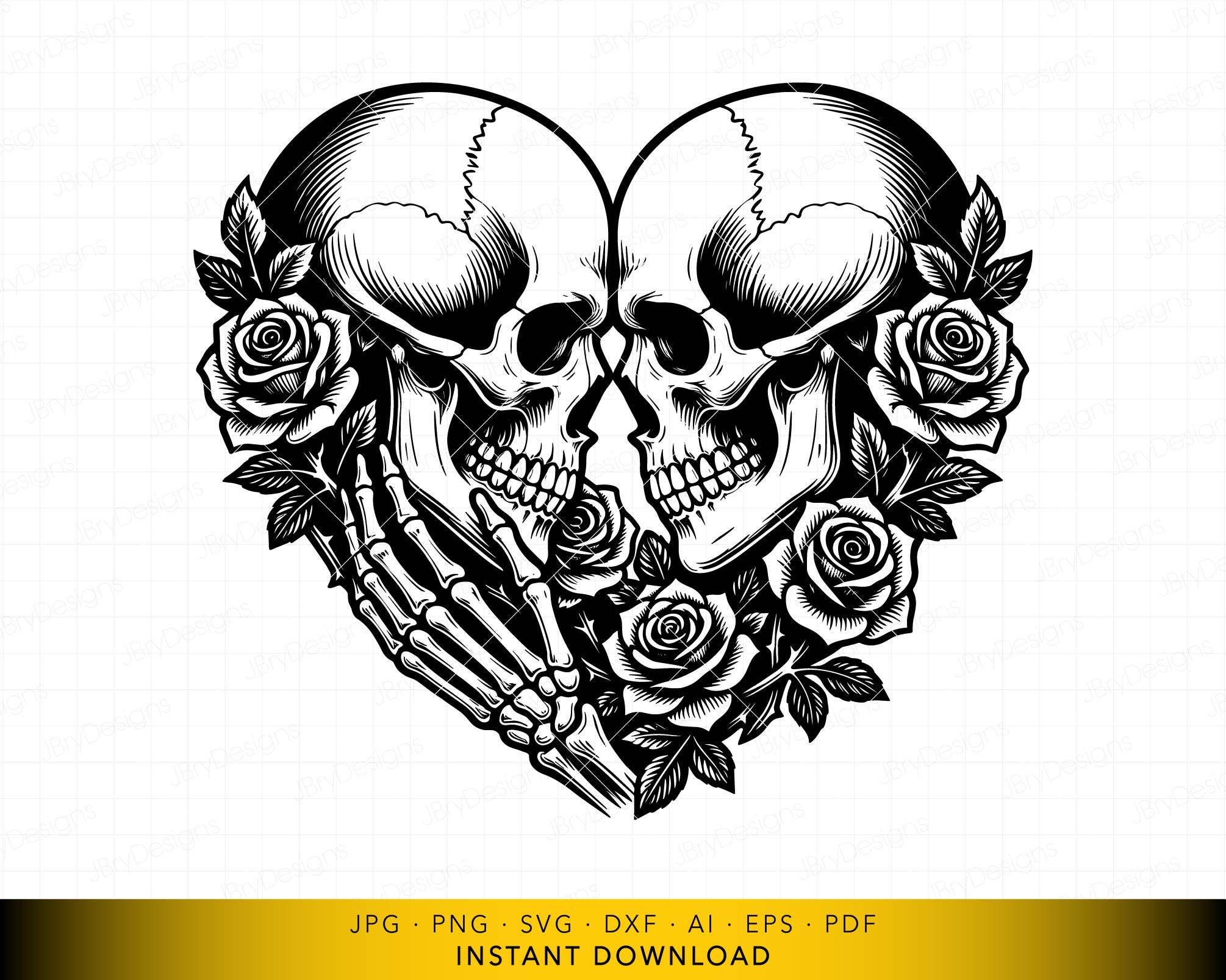 Skull Couple Heart SVG, Skulls With Roses Cut File, Dark Romance Tattoo ...