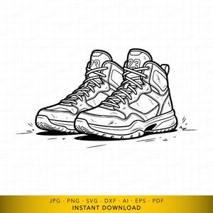 May include: Black and white line art illustration of two high-top basketball sneakers. The sneakers have laces, a padded collar, and the number "23" on the side. The image is a digital download.