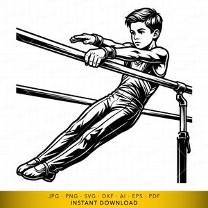 May include: A black and white graphic illustration of a gymnast performing on parallel bars. The athlete wears a sleeveless leotard and wrist guards, positioned in a diagonal pose. The text at the bottom lists file formats: JPG, PNG, SVG, DXF, AI, EPS, PDF.