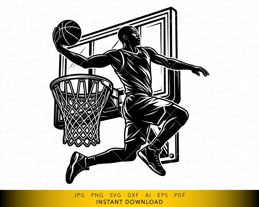 Basketball Slam Dunk SVG, Male Player One Handed Dunk Cut File, Bold ...