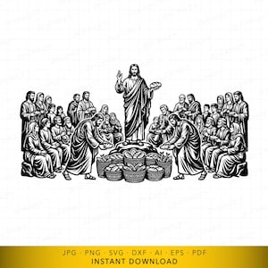 Puede incluir: Ilustración en blanco y negro que representa una escena bíblica. Una figura central sostiene pan, rodeada de una multitud. Cestas de pan en primer plano. La imagen tiene un tema religioso vintage.