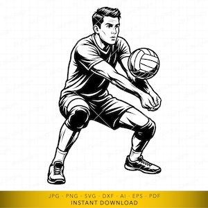 Könnte beinhalten: Eine schwarz-weiße grafische Illustration eines Volleyballspielers in tiefer Abwehrhaltung, der sich darauf vorbereitet, den Ball zu baggern. Die Person trägt ein kurzärmeliges T-Shirt, Shorts, Knieschoner und Sportschuhe mit einem Volleyball.