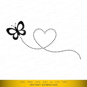 May include: A black butterfly graphic with a dotted line forming a heart shape. The butterfly is on the left, with the dotted line extending from it to the right, creating the heart. The image is on a white background.