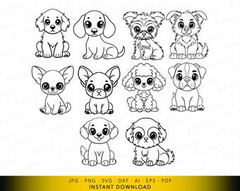 Cartoon Puppy SVG Bundle, Sitting Cute Dogs, Kawaii Puppy Set for Dog Lovers and Pet Parents, Kawaii Puppy SVG Bundle, Vector File