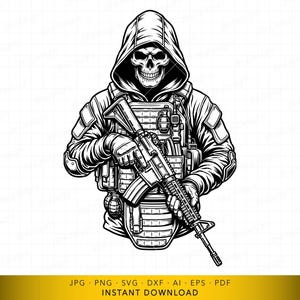 Puede incluir: Ilustraci&oacute;n en blanco y negro de una figura encapuchada con rostro de calavera, con equipo t&aacute;ctico y sosteniendo un rifle. Ideal para proyectos de dise&ntilde;o gr&aacute;fico o ropa.