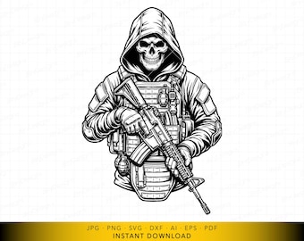 Arquivo de corte digital SVG do Ceifador Tático, Soldado Caveira, Arte Vetorial Militar Gótica para Cricut e Gravação a Laser