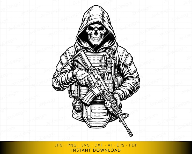 Puede incluir: Ilustraci&oacute;n en blanco y negro de una figura encapuchada con rostro de calavera, con equipo t&aacute;ctico y sosteniendo un rifle. Ideal para proyectos de dise&ntilde;o gr&aacute;fico o ropa.