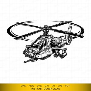 May include: A detailed black and white illustration of a military helicopter, featuring spinning rotor blades and various mechanical components. The image shows the cockpit and weapons of the aircraft. The background is plain white.