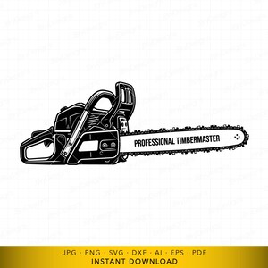 Peut inclure: Illustration en noir et blanc d'une tronçonneuse. La lame de la scie porte l'inscription "PROFESSIONAL TIMBERMASTER". Graphique vectoriel pour le design numérique et l'impression.