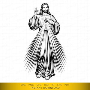 Sagrado Coração de Jesus SVG, Divina Misericórdia Jesus DXF, Arquivo Cricut de Jesus Cristo Católico, Vetor para Corte a Laser Religioso para Igreja