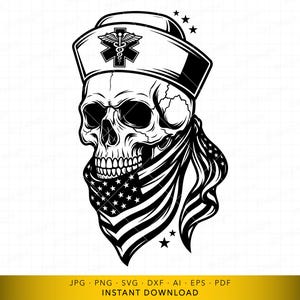 May include: A black and white graphic illustration of a human skull wearing a nurse cap with a Star of Life medical symbol on the front. The skull is wearing a bandana featuring the American flag pattern with stars and stripes. Three small stars are visible.