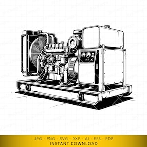 Pode incluir: Ilustração a preto e branco de um gerador. O gerador tem um radiador com ventoinha, um motor e um painel de controlo. Está montado numa base retangular. A imagem inclui o texto "JPG PNG SVG DXF AI EPS PDF INSTANT DOWNLOAD".