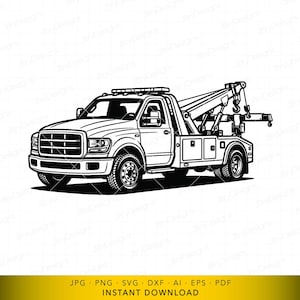 May include: Black and white line art illustration of a tow truck. The truck has a detailed front grille, large tires, and a boom with a hook. The image is a digital download, as indicated by the text at the bottom.