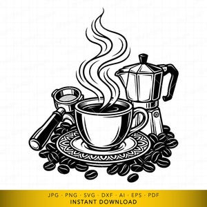 Taza de café SVG con cafetera moka y granos de café, archivo vectorial con temática de café barista para Cricut y grabado láser.