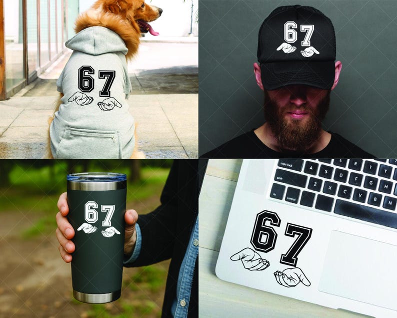 May include: A collection of items featuring the number "67" with a hand graphic. Includes a gray hoodie on a dog, a black baseball cap, a black tumbler, and a laptop sticker. The number and hands are in white with a black outline.