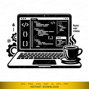 May include: Black and white illustration of a laptop displaying code, with a coffee cup and saucer to the right. The words "func var class" are visible. Gears and symbols are on the left. The image includes the text "INSTANT DOWNLOAD".