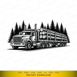 Peut inclure: Illustration en noir et blanc d'un camion forestier transportant des grumes, avec des pins en arrière-plan. Le camion est détaillé, avec des roues, des tuyaux d'échappement et une remorque chargée de grumes. Le texte "INSTANT DOWNLOAD" est inclus.