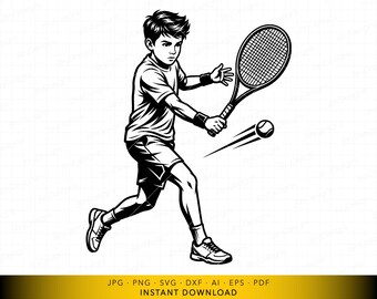 SVG de un niño tenista, diseño de un joven atleta de tenis balanceando una raqueta, archivo vectorial deportivo para Cricut y grabado láser.