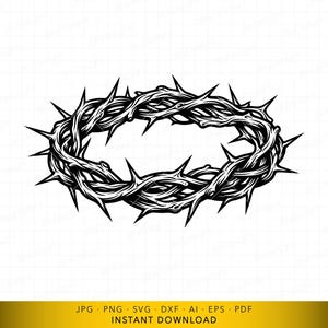 May include: Black and white illustration of a crown of thorns. The crown is oval-shaped, with detailed shading and sharp thorns. The image is set against a white background. The bottom of the image has text that says "JPG PNG SVG DXF AI EPS PDF INSTANT DOWNLOAD".